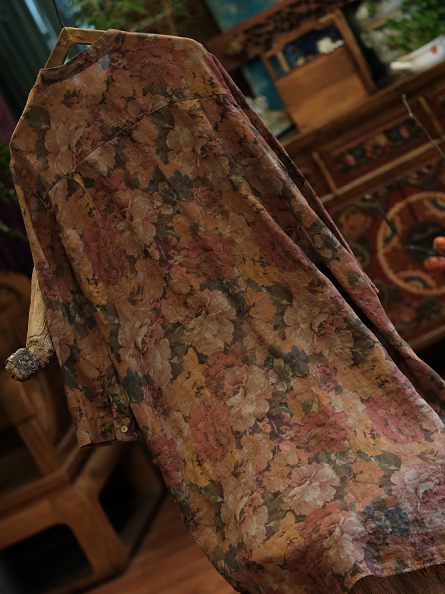 Floral Women Shirt Retro Long Vintage Ramie Button-up