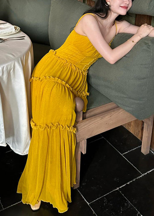 Yellow Ruffled New Cotton Dress Spaghetti Solid Strap Sleeveless