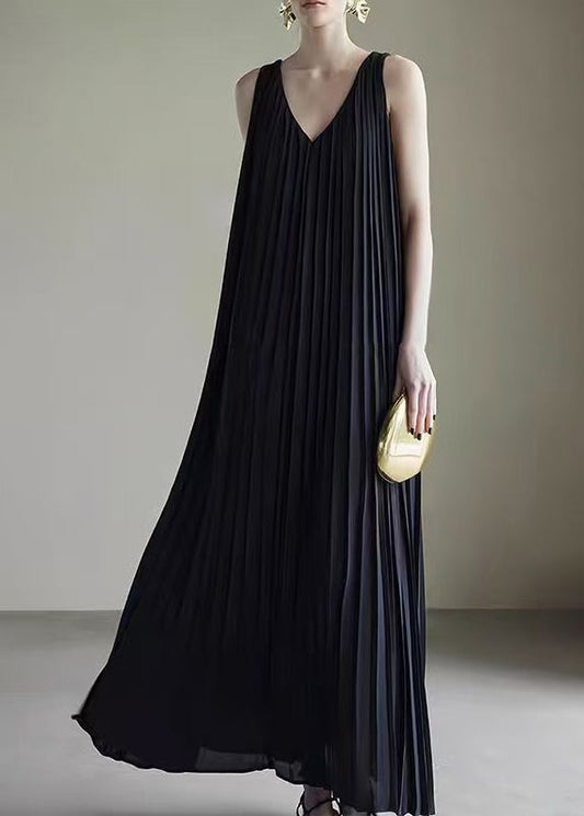 Wrinkled Summer Neck Chiffon Dresses V Long Pockets Black