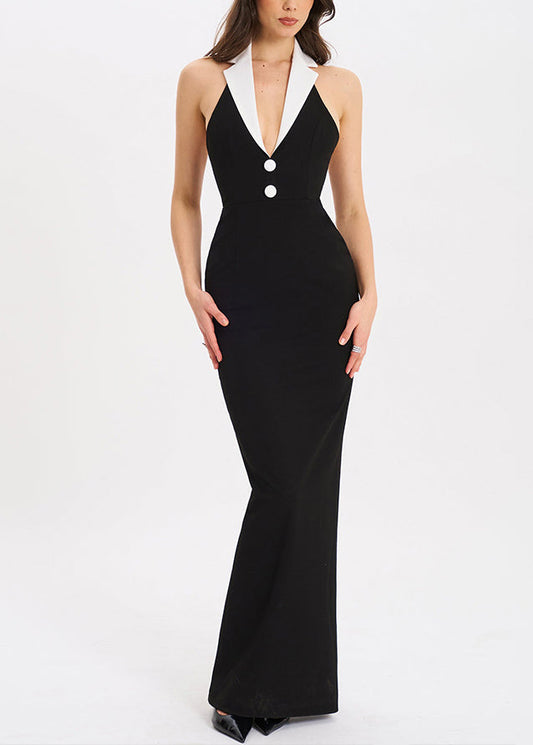 Side Long Notched Dresses French Cotton Backless Open Black