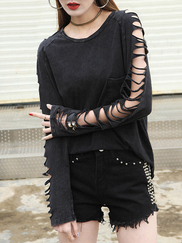 Black Sleeves T-shirt Out Long Round-neck Street Loose Hollow