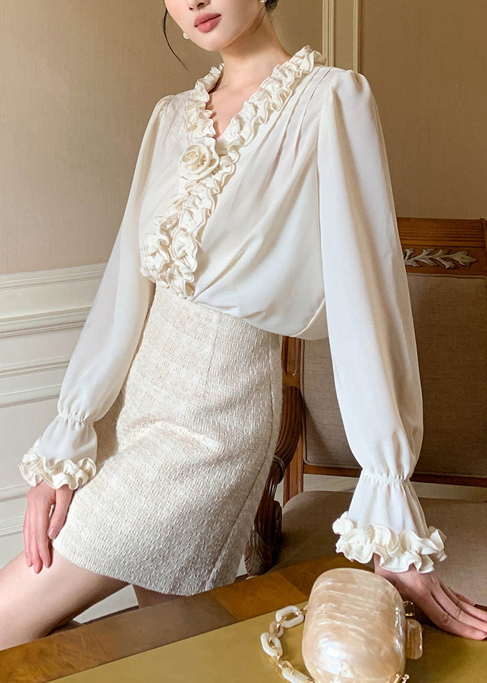 Apricot Art Shirt Petal Chiffon Solid Sleeve Ruffled