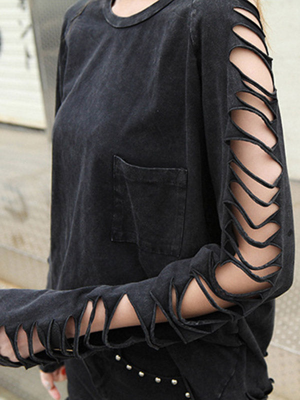 Black Sleeves T-shirt Out Long Round-neck Street Loose Hollow