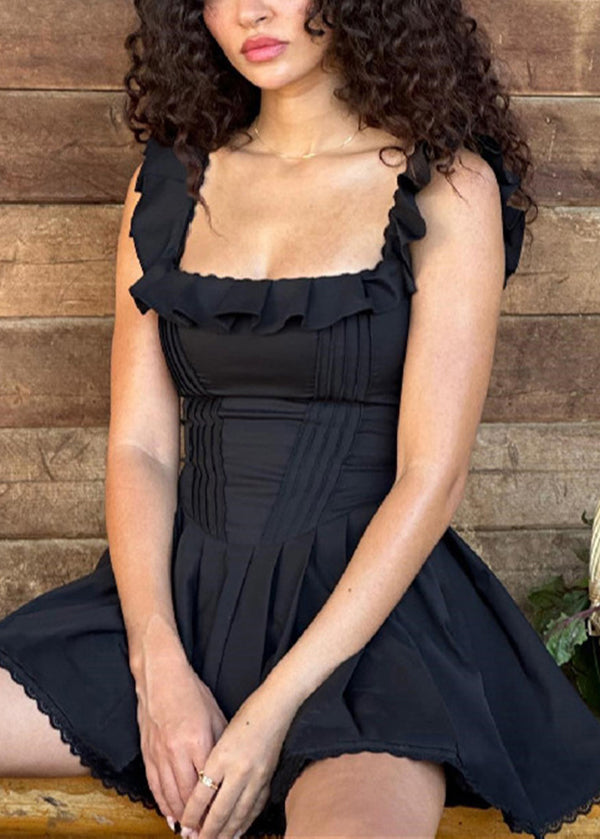 American Style Black Ruffled Spaghetti Strap Dress Summer YY021