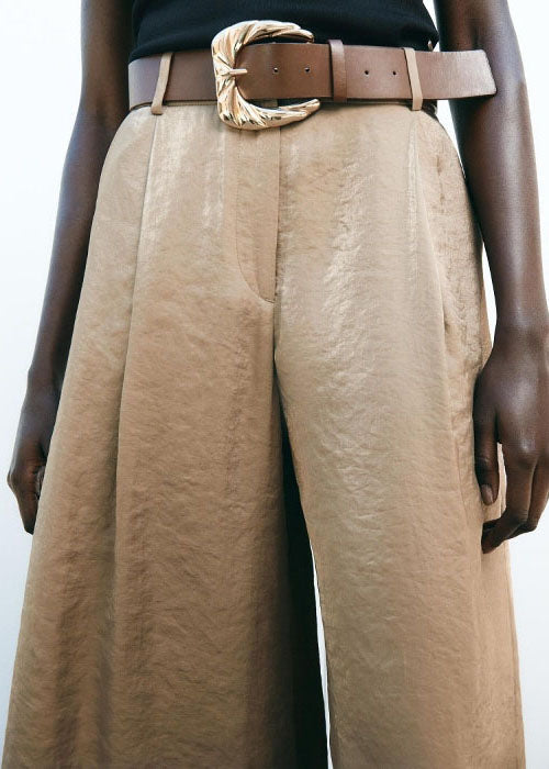 Wide High Leg American Brown Pants Silk Style Waist Light Summer