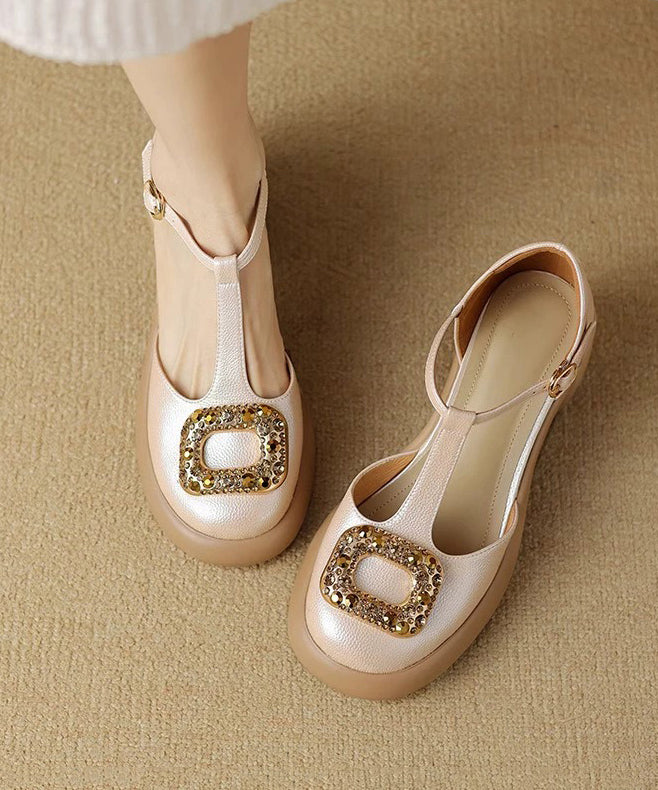 Zircon Chunky Sandals Apricot Heels Hollow Splicing Out