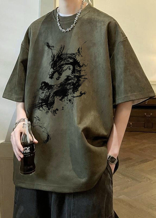 Shirts Faux Oversized Suede Neck T Print O Summer Green Army