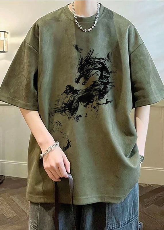 Shirts Faux Oversized Suede Neck T Print O Summer Green Army