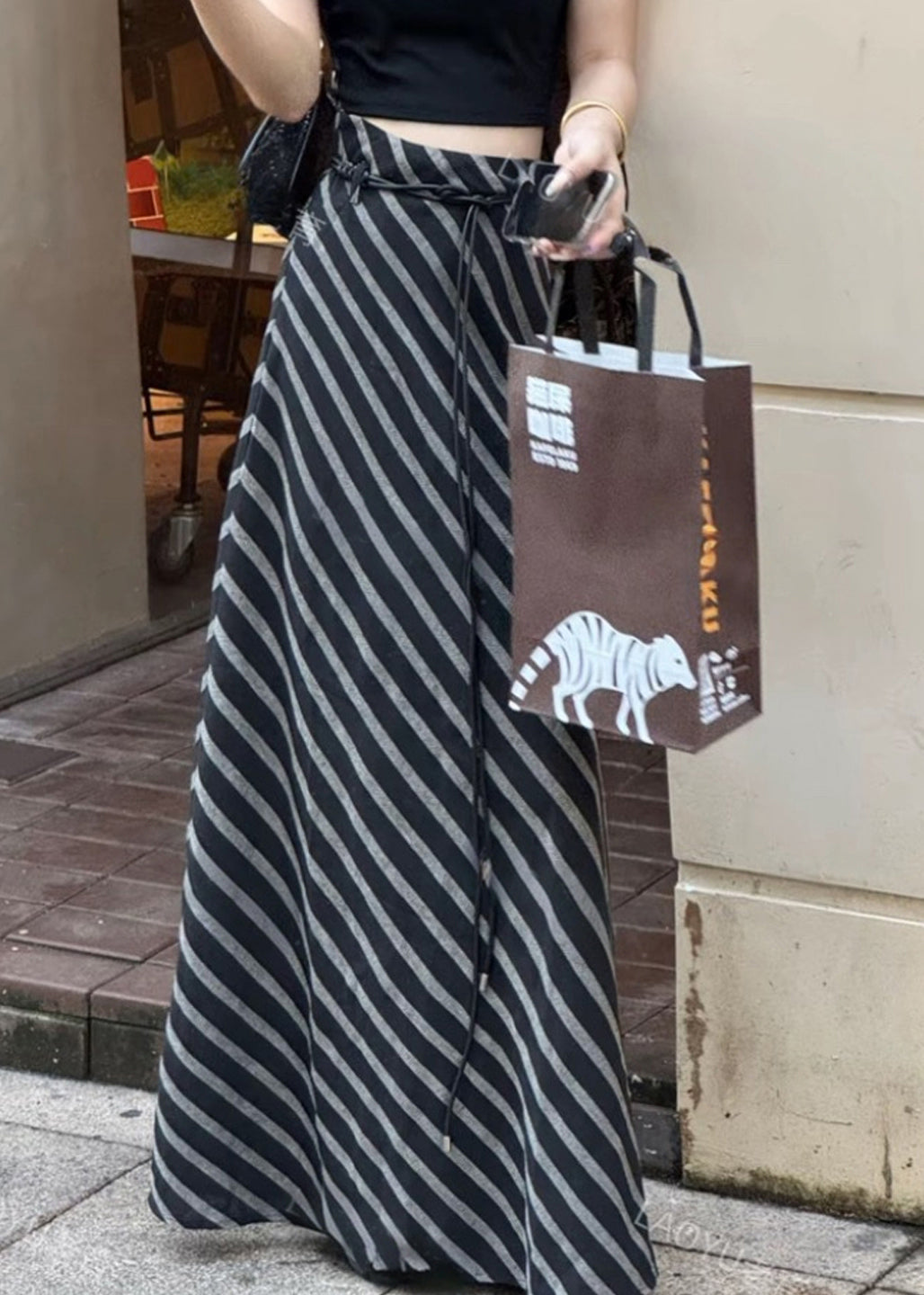 Skirts Art Waist Cotton Apricot Summer High Striped