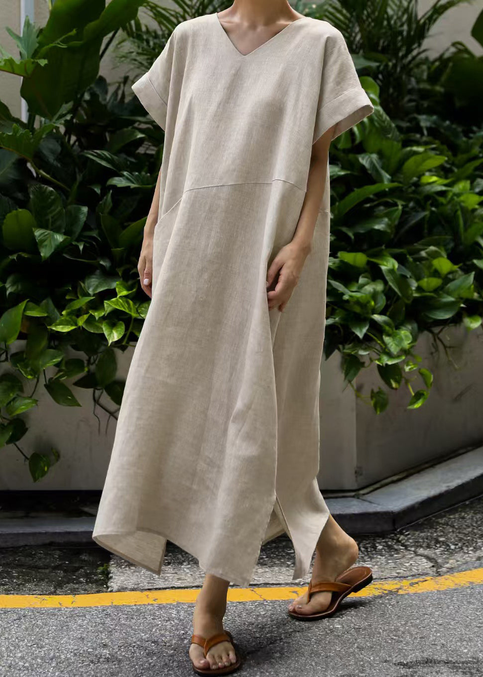 Summer Linen Oversized Dresses Beige Holiday Art Patchwork