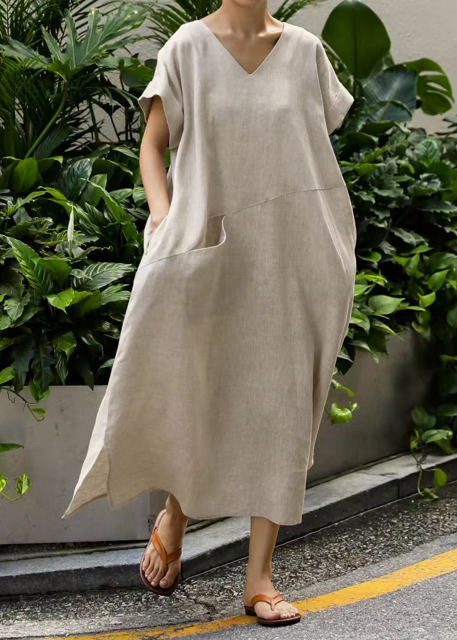 Summer Linen Oversized Dresses Beige Holiday Art Patchwork