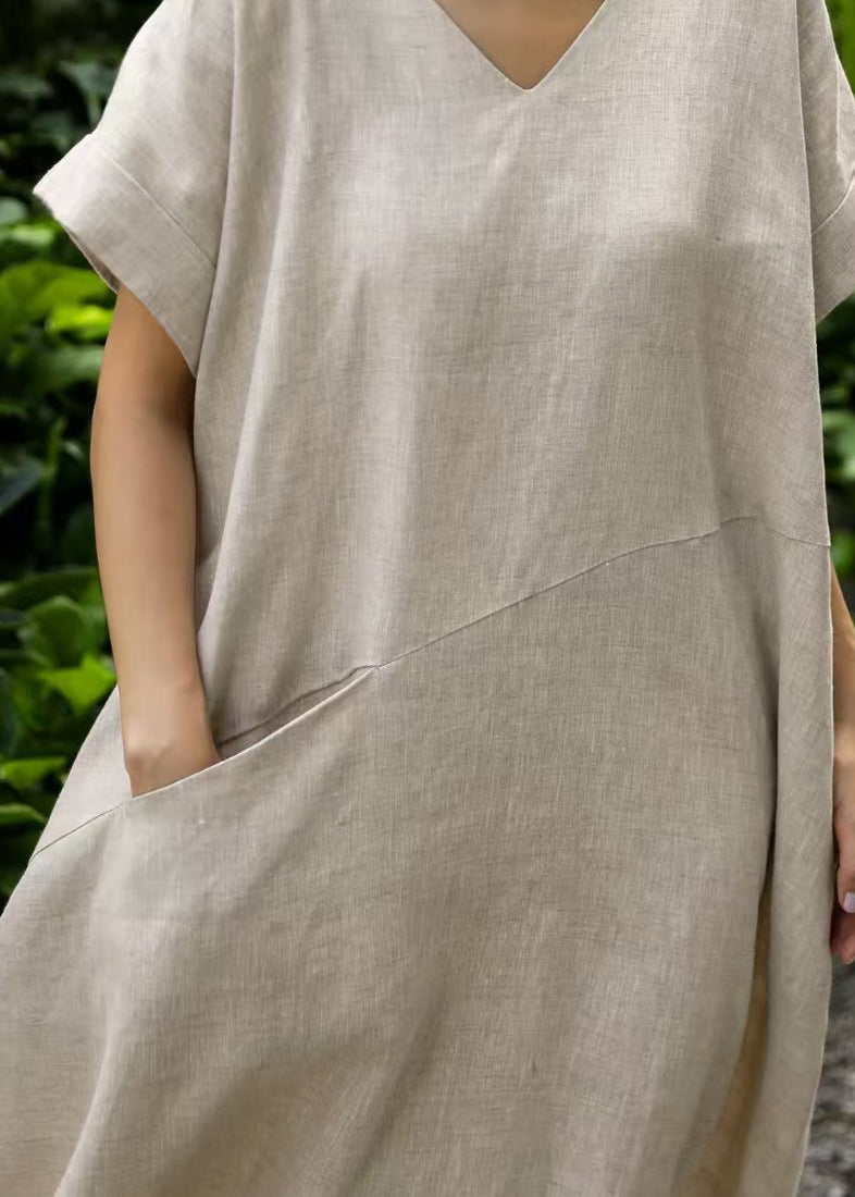Summer Linen Oversized Dresses Beige Holiday Art Patchwork