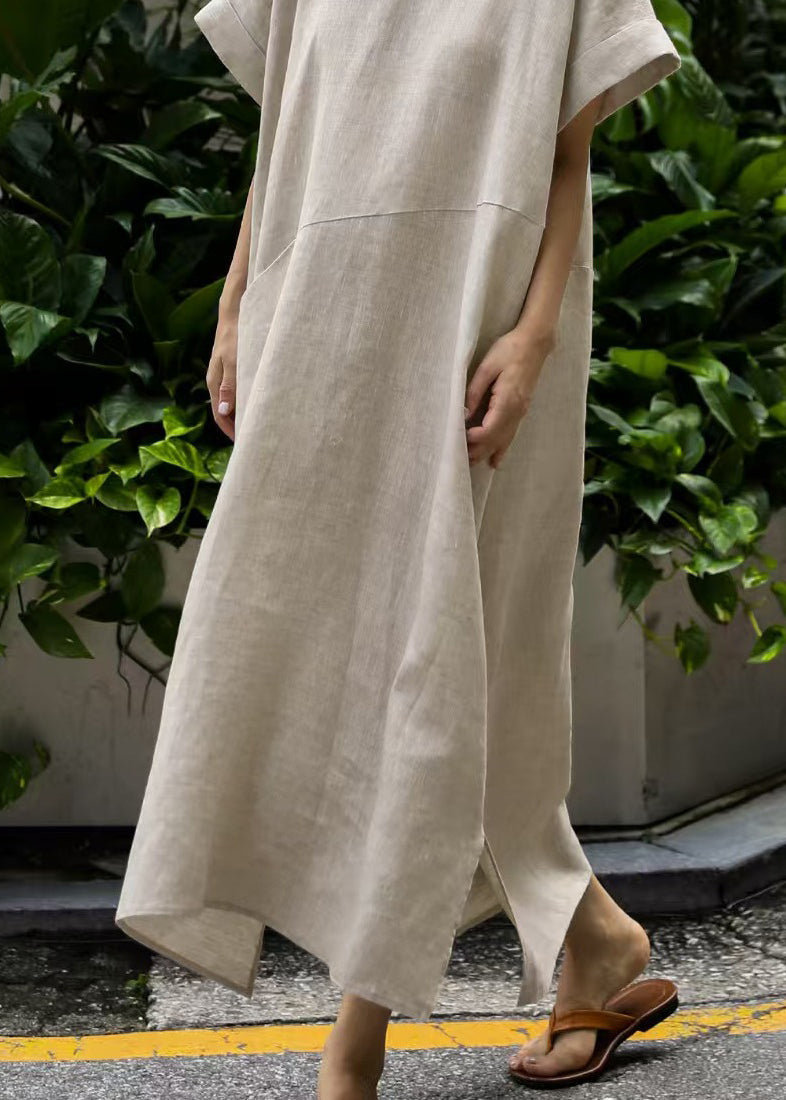 Summer Linen Oversized Dresses Beige Holiday Art Patchwork