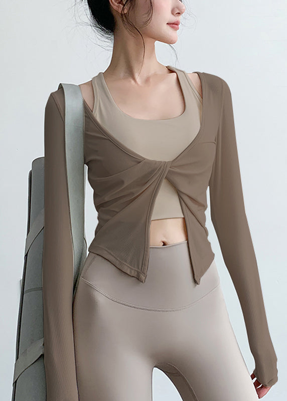 V Spring Yoga Wrinkled Art Tops Beige Neck