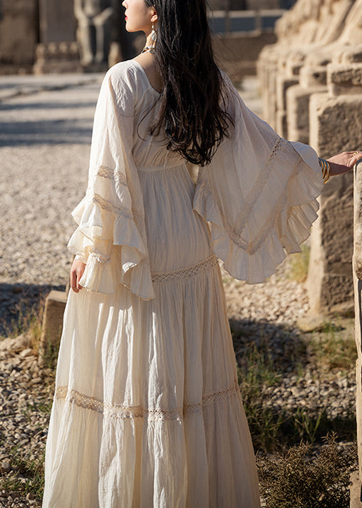 Sleeve Lace Long Dress Art Up Beige Flare Cotton Wrinkled