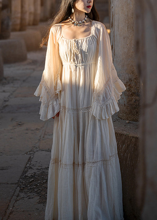 Sleeve Lace Long Dress Art Up Beige Flare Cotton Wrinkled