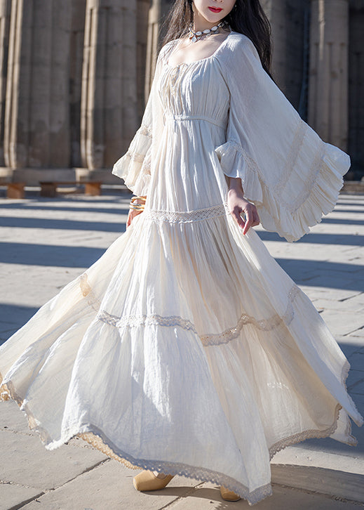 Sleeve Lace Long Dress Art Up Beige Flare Cotton Wrinkled