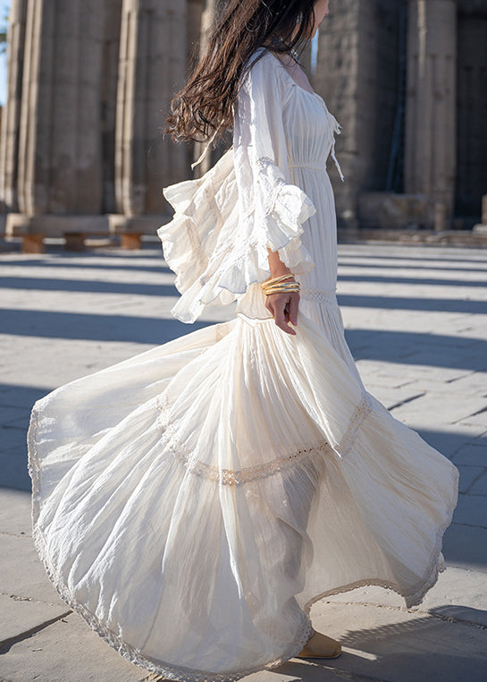 Sleeve Lace Long Dress Art Up Beige Flare Cotton Wrinkled