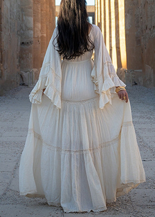Sleeve Lace Long Dress Art Up Beige Flare Cotton Wrinkled
