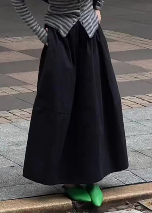 Waist Black Pockets Elastic Cotton Art Solid Skirt Fall