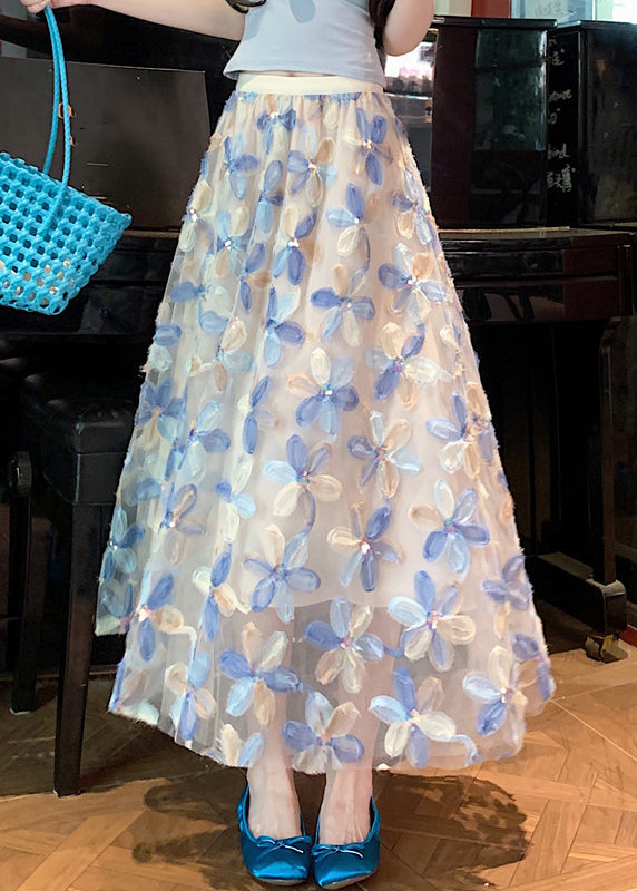 Tulle Skirt Waist Elastic Blue Art Summer Floral