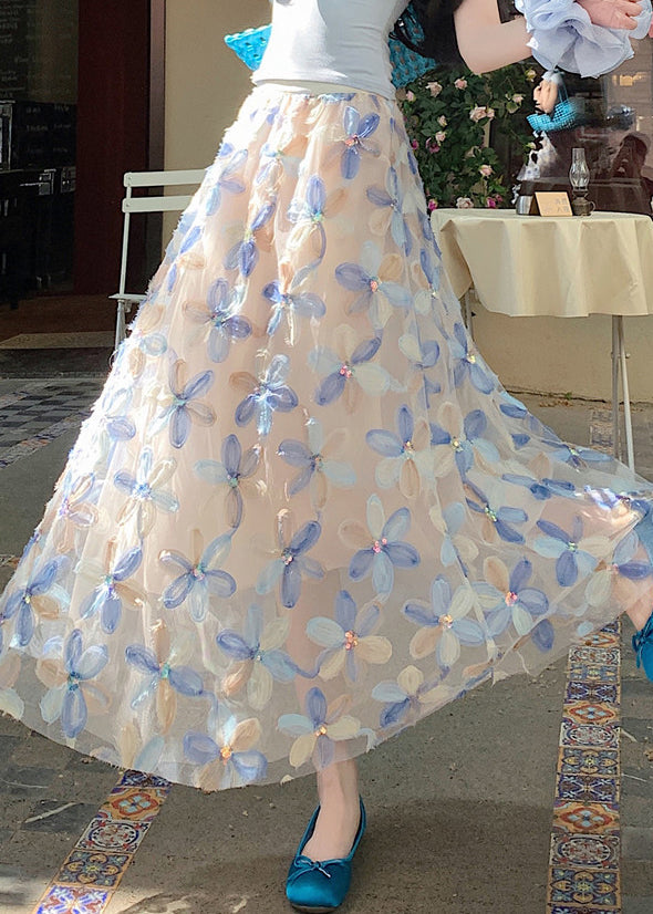 Tulle Skirt Waist Elastic Blue Art Summer Floral