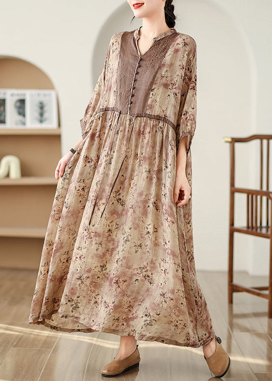 Bracelet Print Sleeve Maxi Linen Cinched Brown Dresses Art