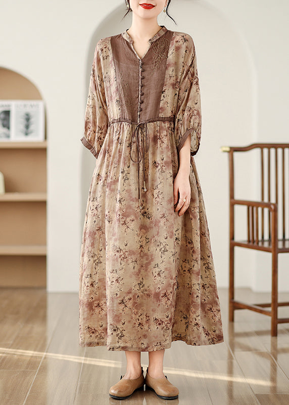 Bracelet Print Sleeve Maxi Linen Cinched Brown Dresses Art