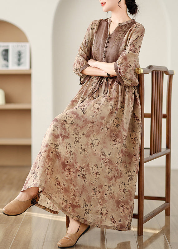 Bracelet Print Sleeve Maxi Linen Cinched Brown Dresses Art