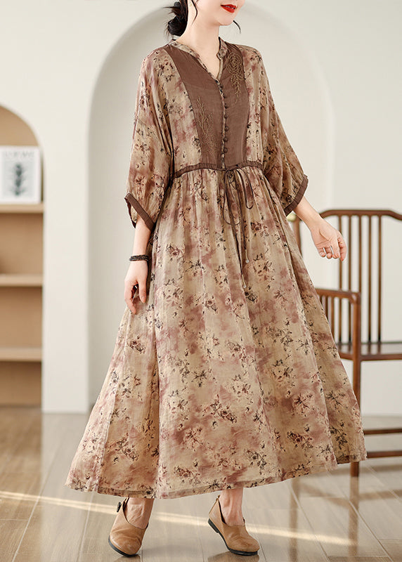 Bracelet Print Sleeve Maxi Linen Cinched Brown Dresses Art