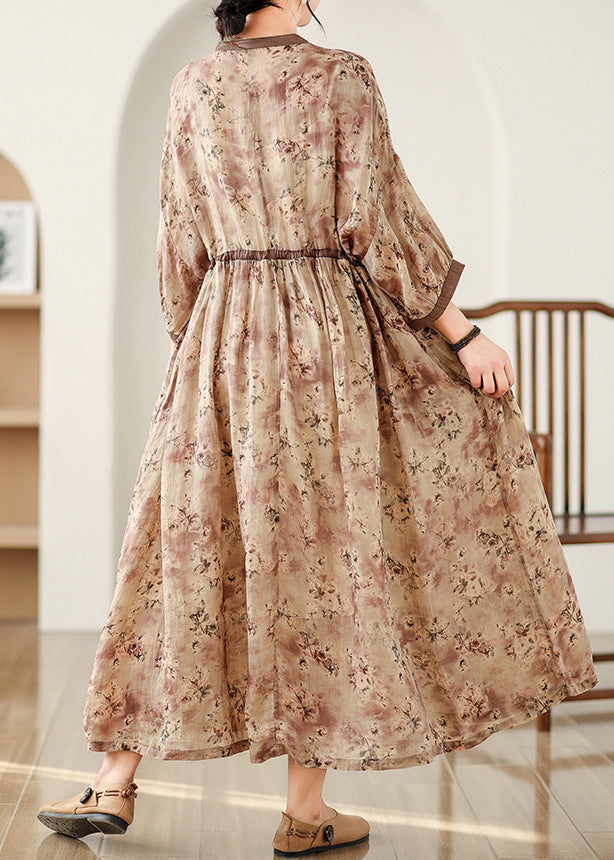 Bracelet Print Sleeve Maxi Linen Cinched Brown Dresses Art