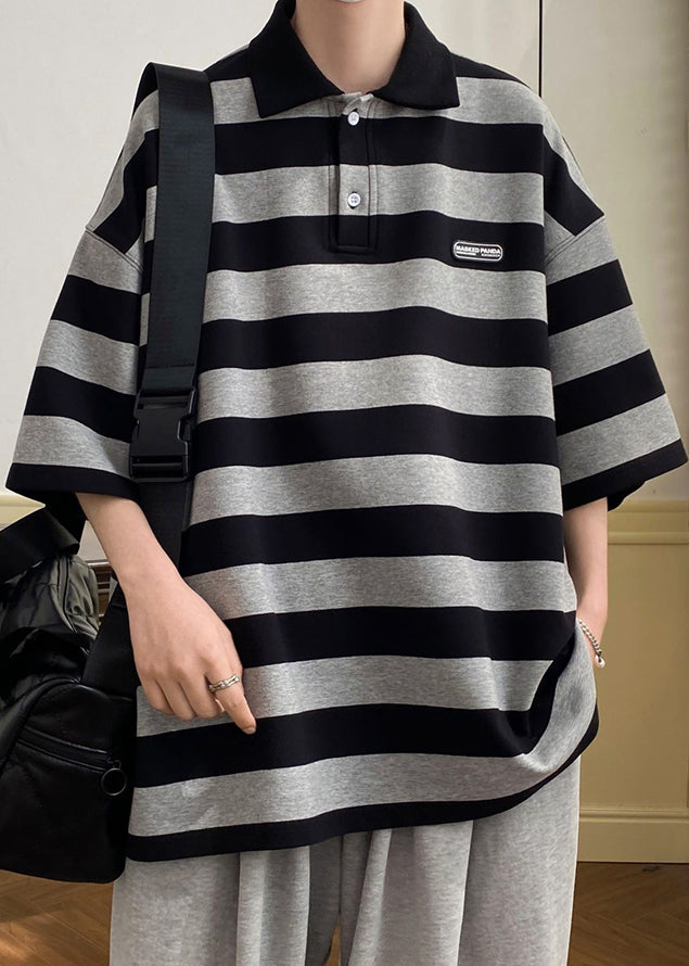 Art Polo Grey Button Striped Half Mens Cotton Sleeve Shirts