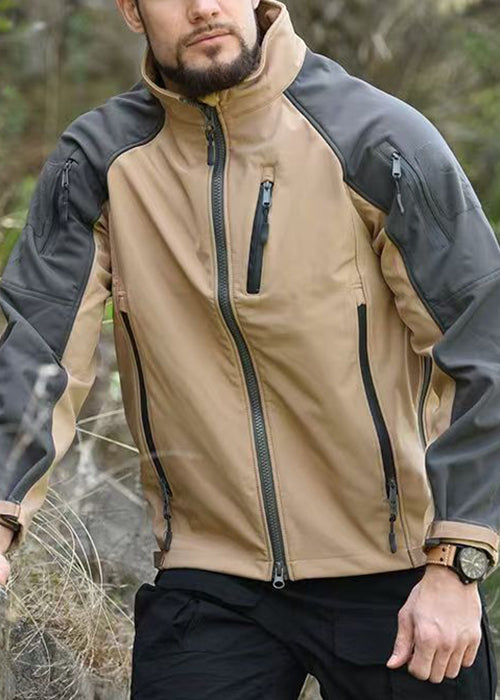 Spring Khaki Fleece Art Coat Men Zip Up Warm Patchwork Pockets