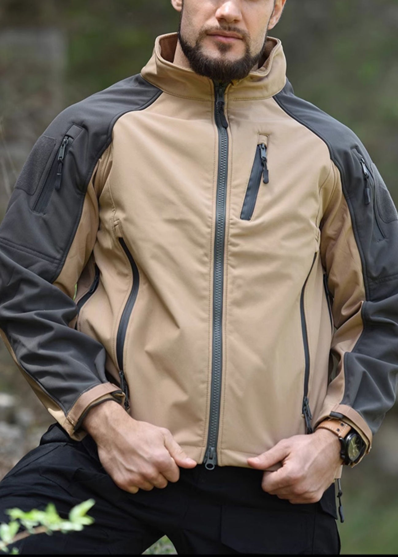 Spring Khaki Fleece Art Coat Men Zip Up Warm Patchwork Pockets