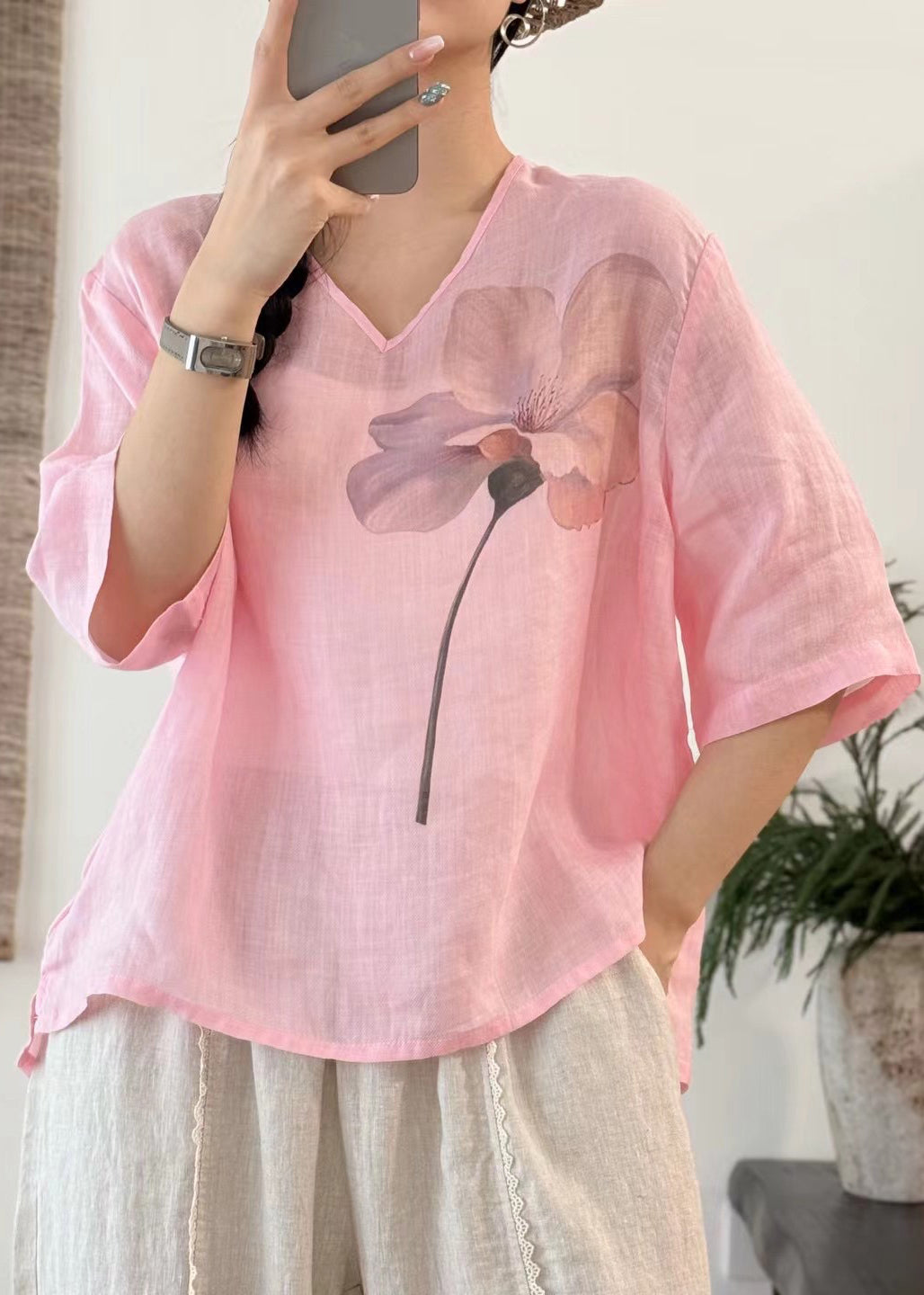 Sleeve V T Neck Art Print Half Linen Open Pink Side Shirt