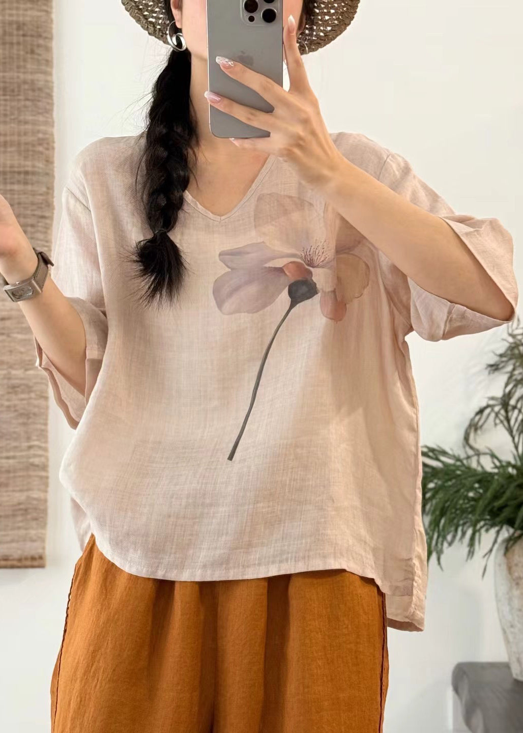 Sleeve V T Neck Art Print Half Linen Open Pink Side Shirt