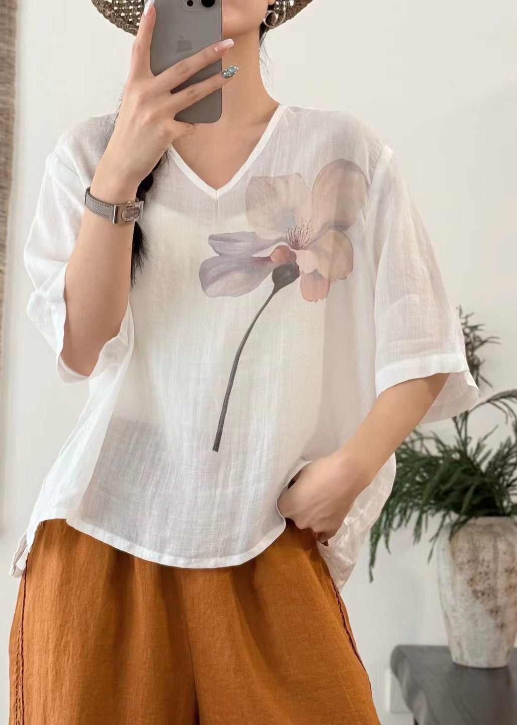 Sleeve V T Neck Art Print Half Linen Open Pink Side Shirt