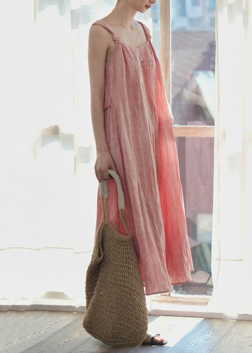 Tie Both Pink Spaghetti Art Dress Strap On Wear Sides Waist Linen