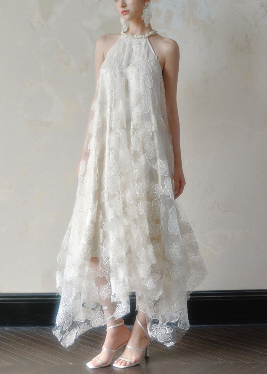 Pearl Lace Sleeveless Asymmetrical Art Long Dress White