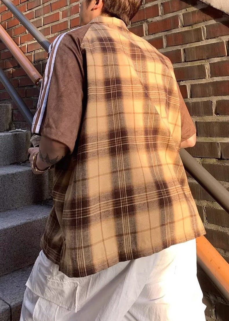 Shirt Mens Art Half Cotton Plaid Sleeve Yellow Patchwork