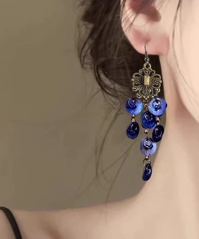 Silver Drop Shell Hollow Tassel Earrings Out Blue Sterling Beach