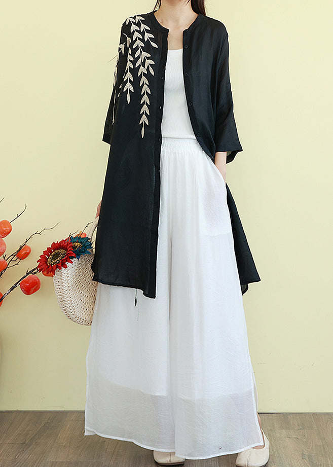 Beautiful Black Embroidered Linen Shirt Dresses Summer TM003