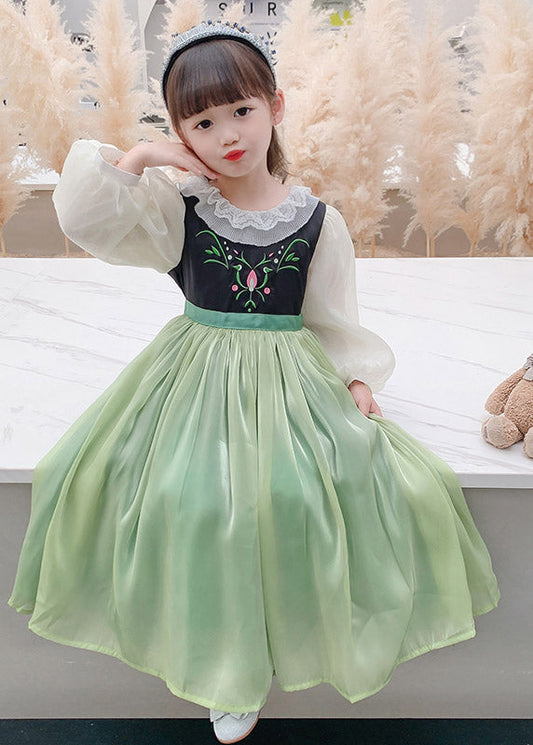 Beautiful Green Embroideried flattering Tulle Kids Maxi Dress Spring YE021