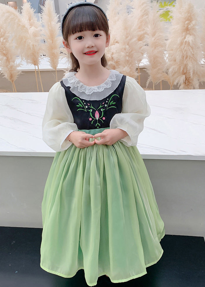 Beautiful Green Embroideried flattering Tulle Kids Maxi Dress Spring YE021