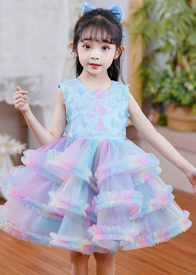 Beautiful Rainbow O-Neck Tulle Kids Maxi Dress Sleeveless YE016