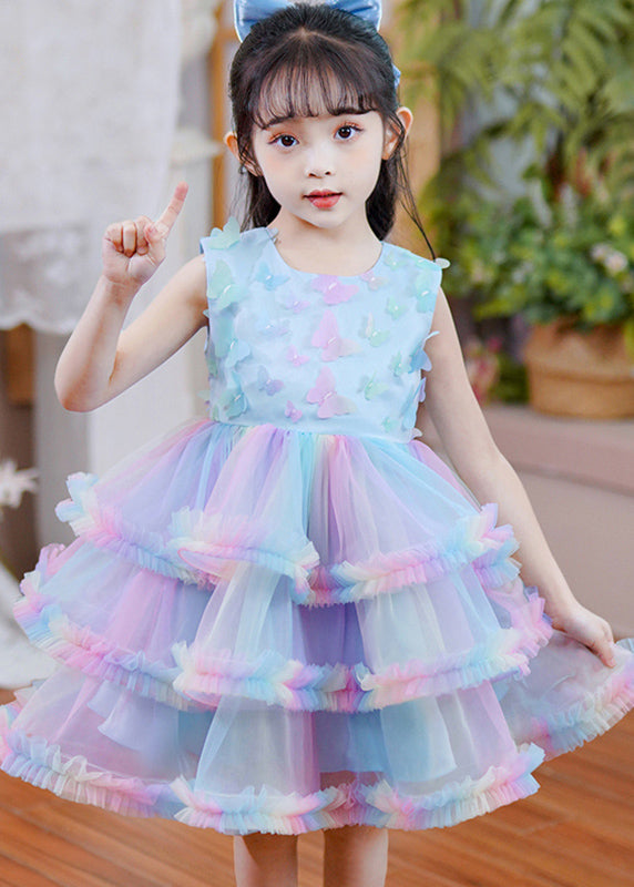 Beautiful Rainbow O-Neck Tulle Kids Maxi Dress Sleeveless YE016