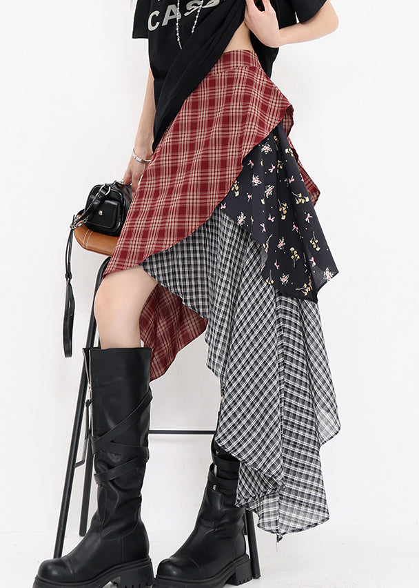 Summer Plaid Beautiful Cotton Skirts Red Asymmetrical