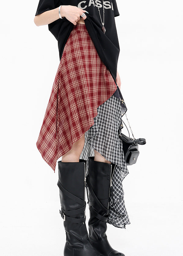 Summer Plaid Beautiful Cotton Skirts Red Asymmetrical