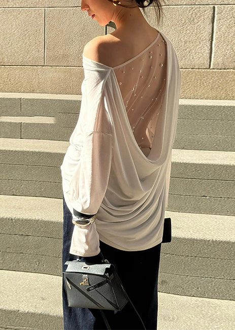 Tulle Patchwork Shirt Beautiful Top Summer Backless White