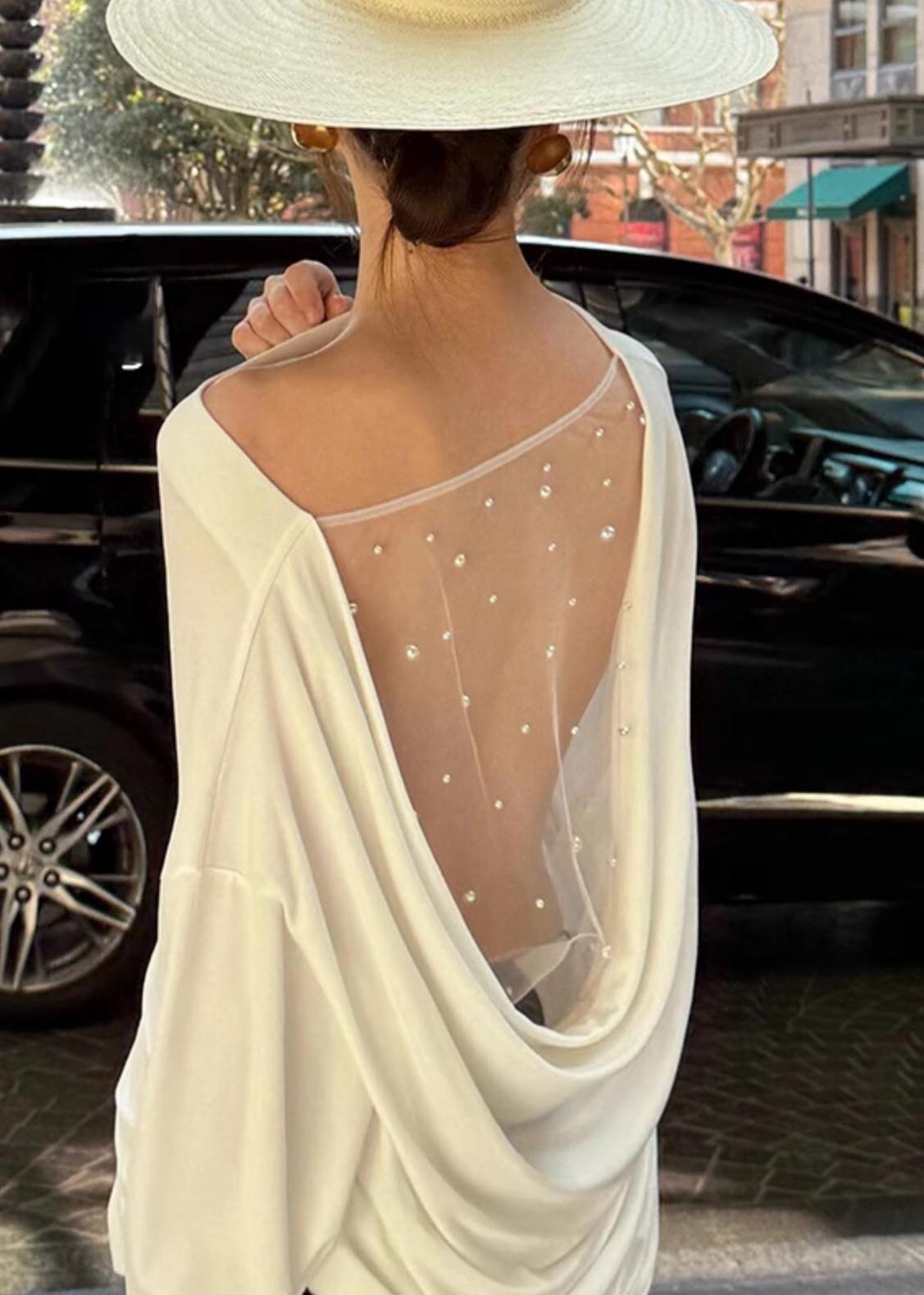 Tulle Patchwork Shirt Beautiful Top Summer Backless White